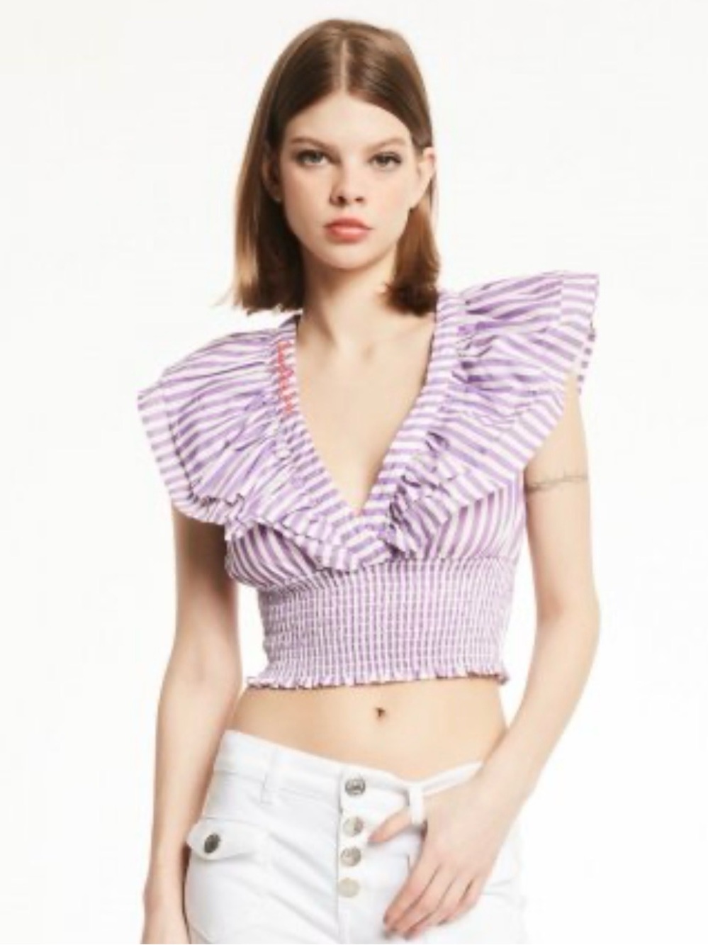 Denny Rose Jeans Lavender & White Striped Ruffle Smocked Waist Top